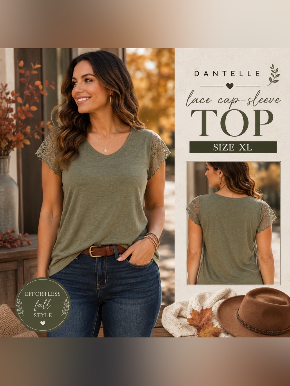 Olive Green Lace Cap-Sleeve Women's Top size XL